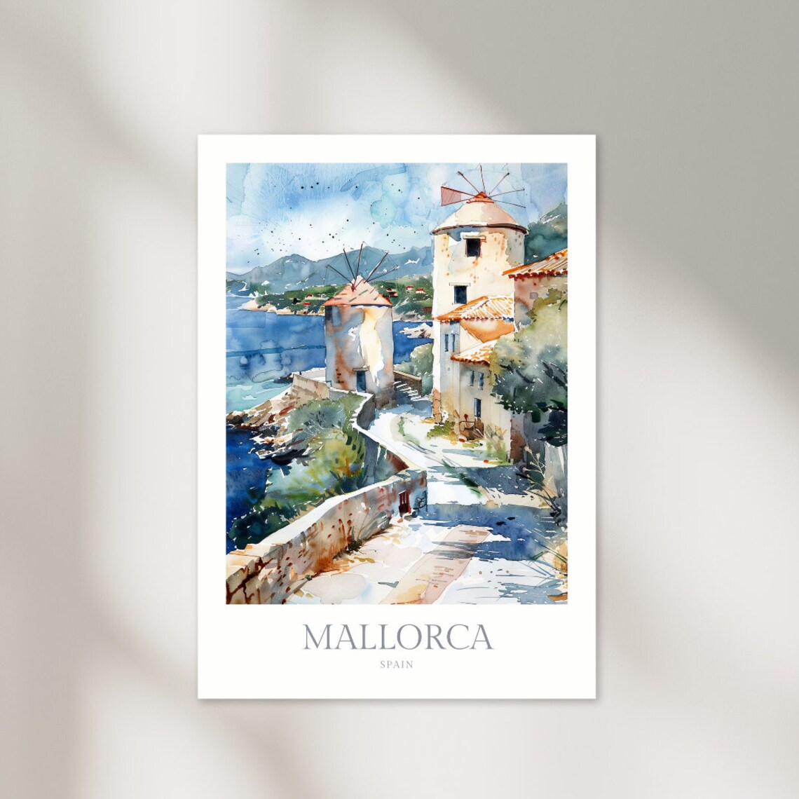 Mallorca Watercolor Travel Poster, Spain Windmills