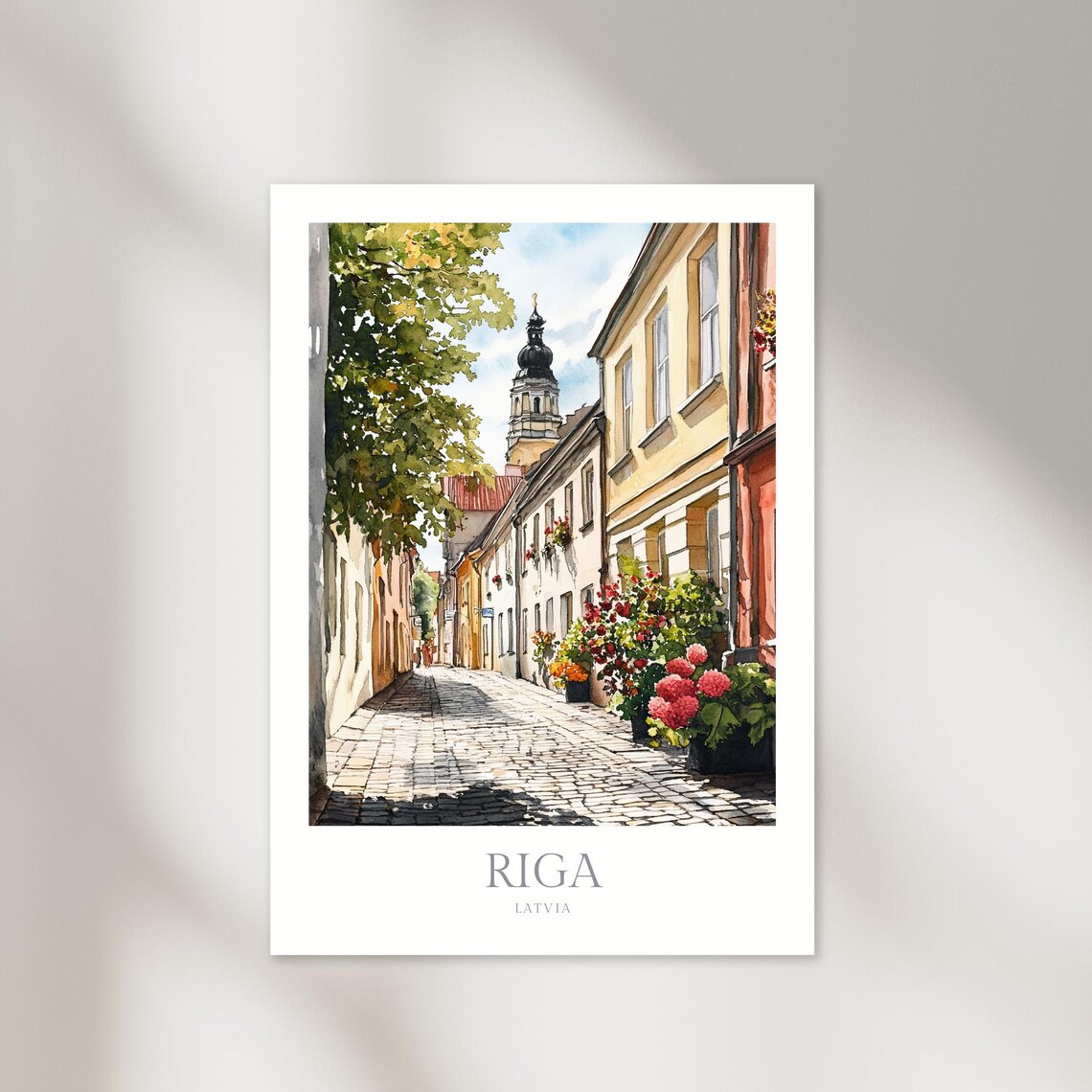 Riga Latvia Cobblestone Street Flowers Watercolor Travel Poster