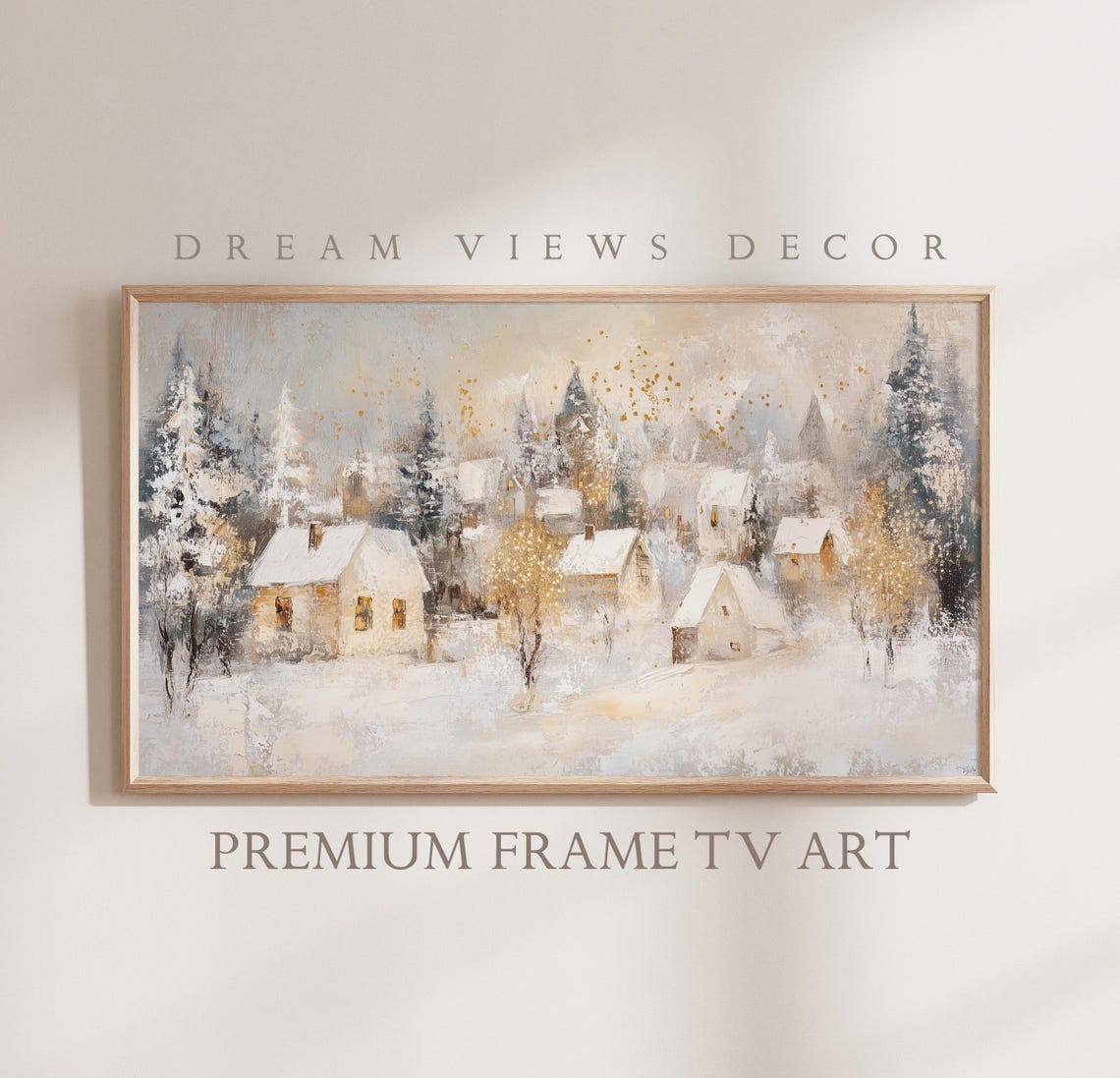 White And Gold Snowy Village Glowing Windows Christmas Frame TV Poster