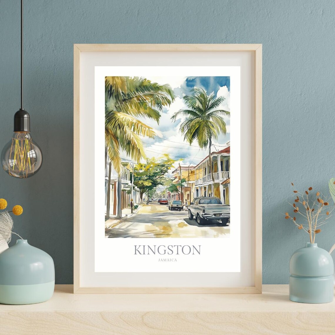 Kingston Jamaica Street Palm Trees Watercolor Caribbean Travel Poster - Image 2