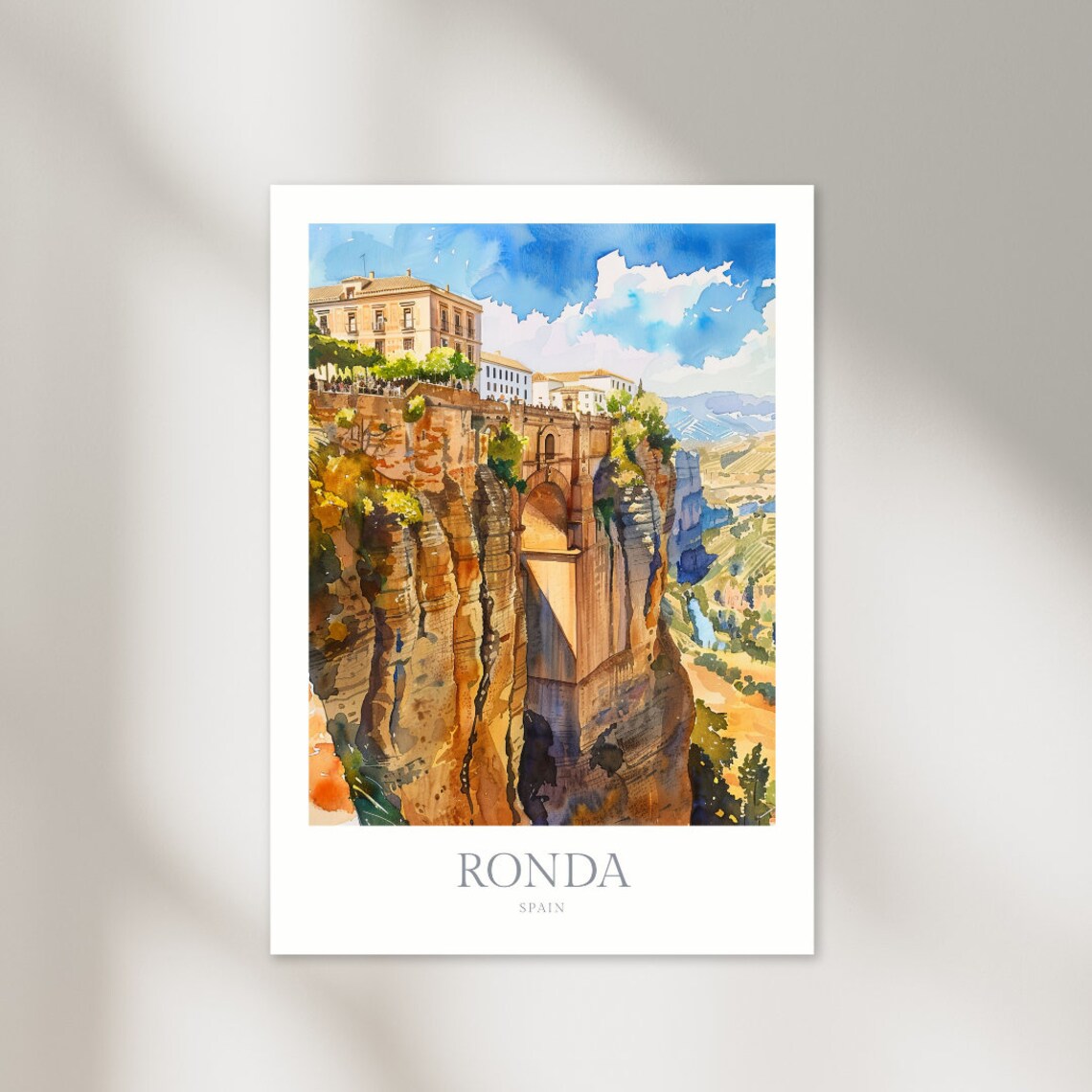 Ronda Spain Watercolor Poster, Puente Nuevo Travel Poster