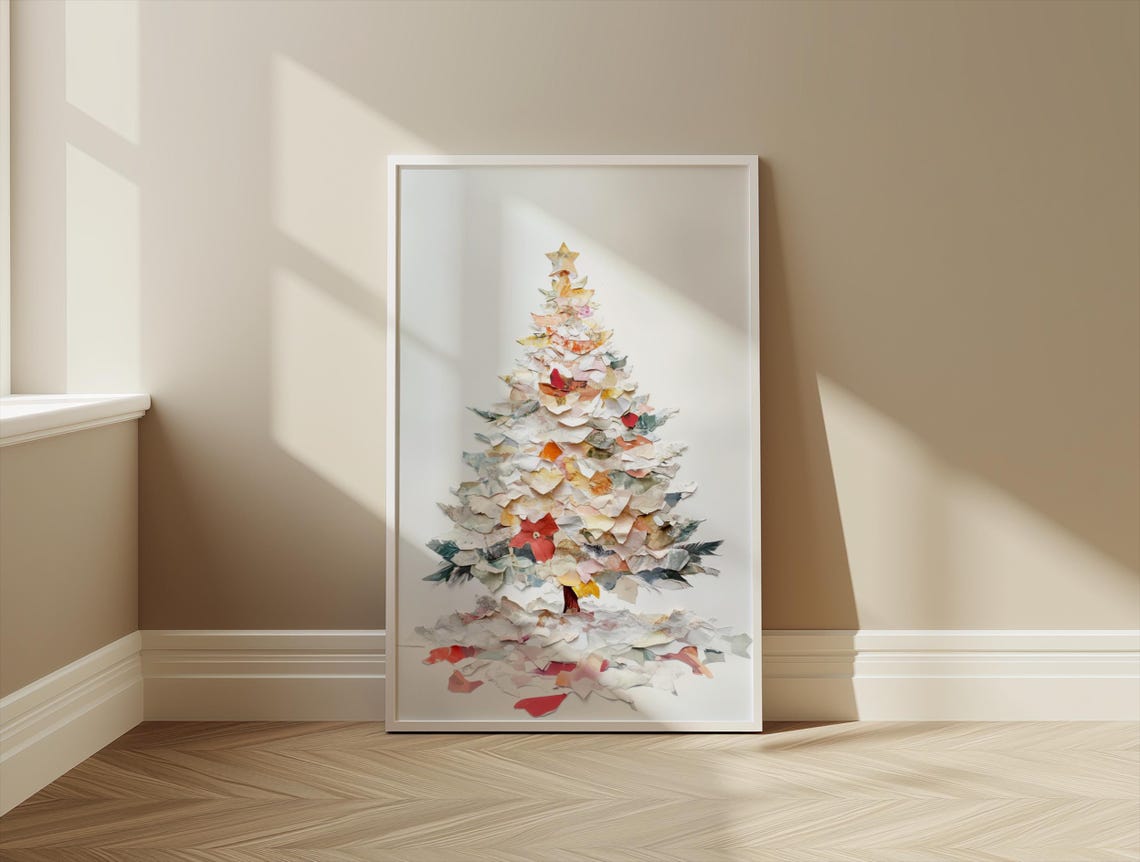 White Paper Collage Christmas Tree Minimal Neutral Holiday Wall Art