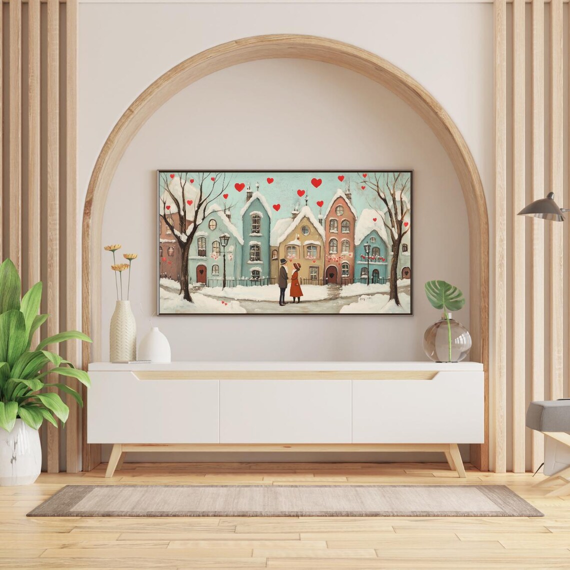 Valentine Snowy Town Couple Hearts Winter Romance Painting Wall Art - Image 2