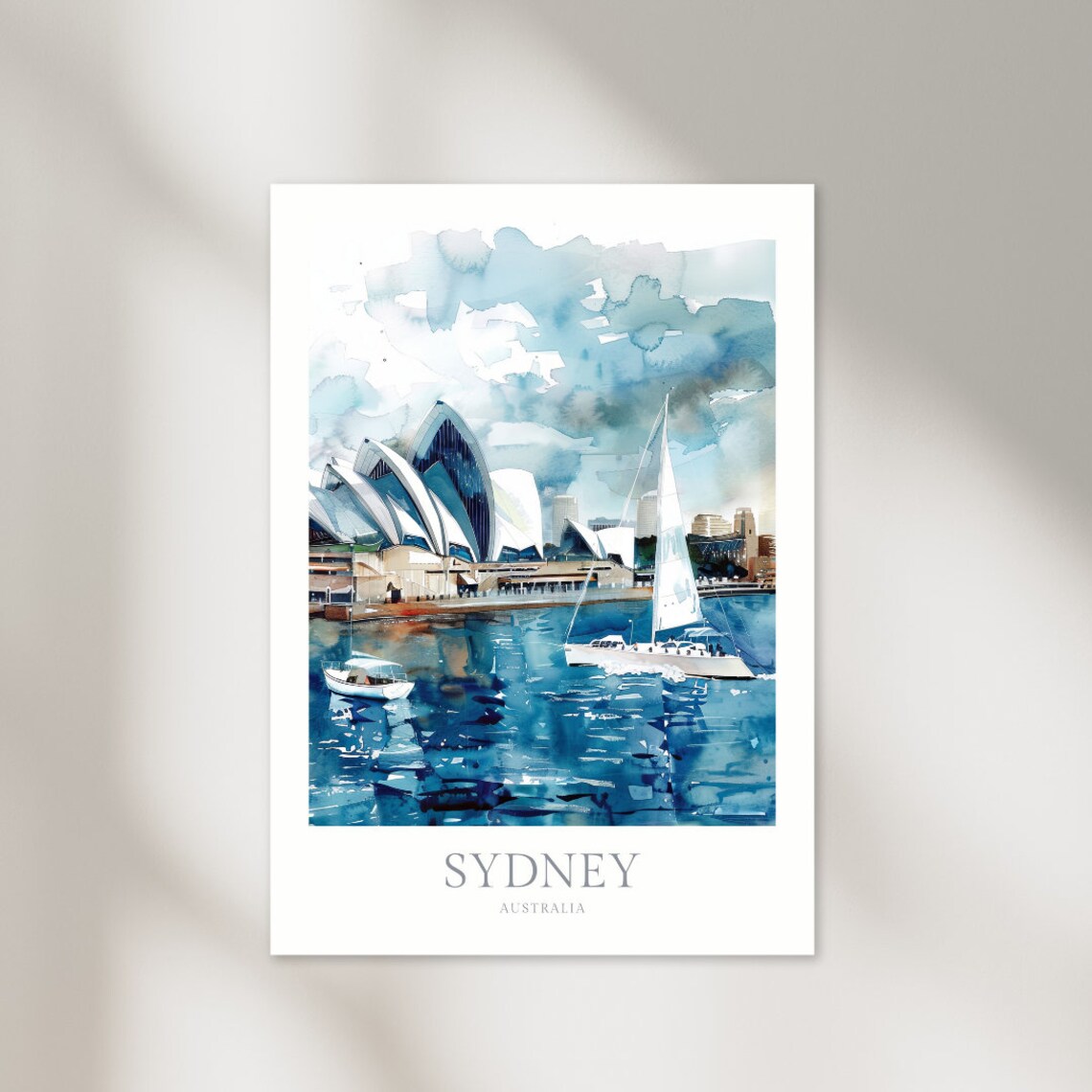 Sydney Australia Watercolor Poster of Opera House and Harbor Boats