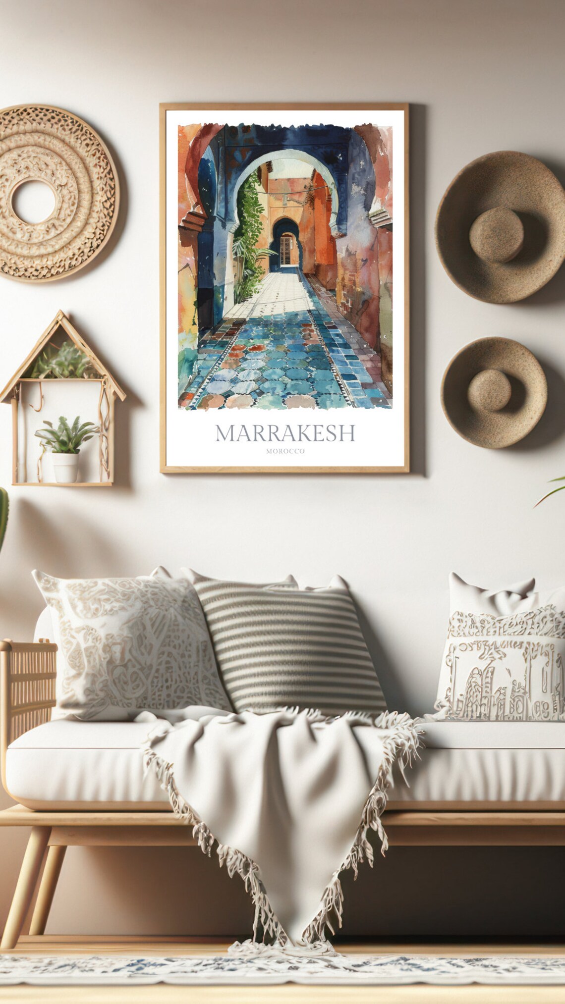 Marrakesh Morocco Blue Tile Alleyway Watercolor Travel Poster - Image 2