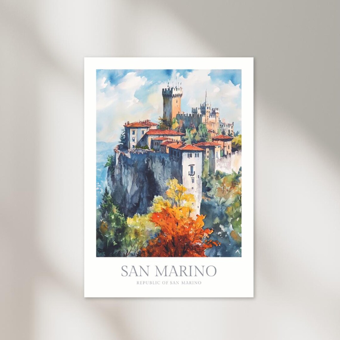 San Marino Medieval Hilltop Fortress Watercolor Travel Poster