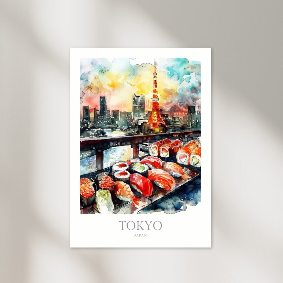 Tokyo Japan Sushi Platter Tokyo Tower Watercolor Travel Poster