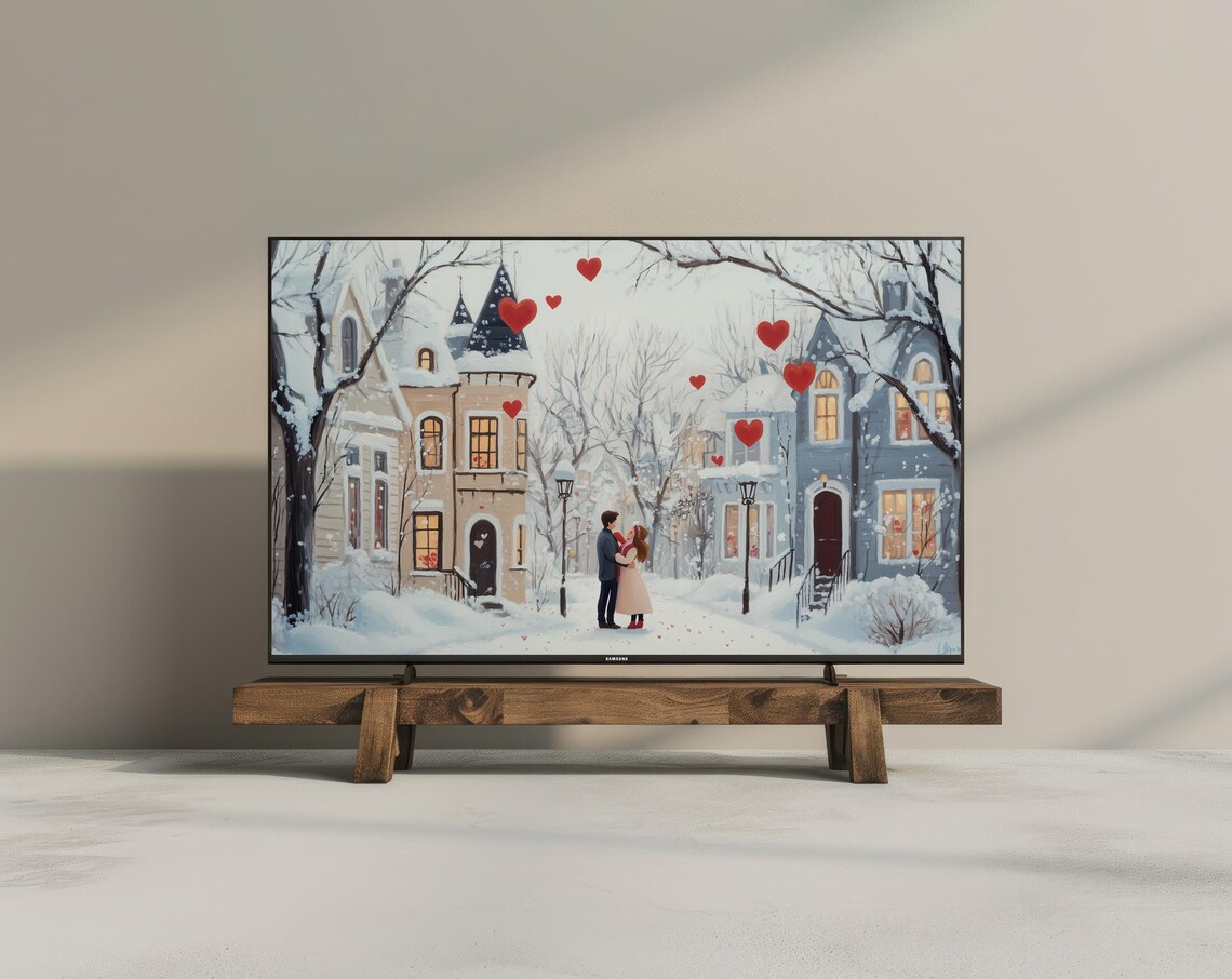 Valentine Couple Snowy Street Floating Hearts Winter Love Art Poster - Image 3