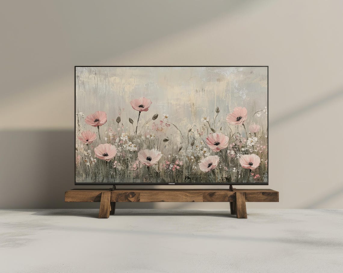 Blush Pink Poppies Field Muted Vintage Floral Oil Painting Wall Art - Image 3