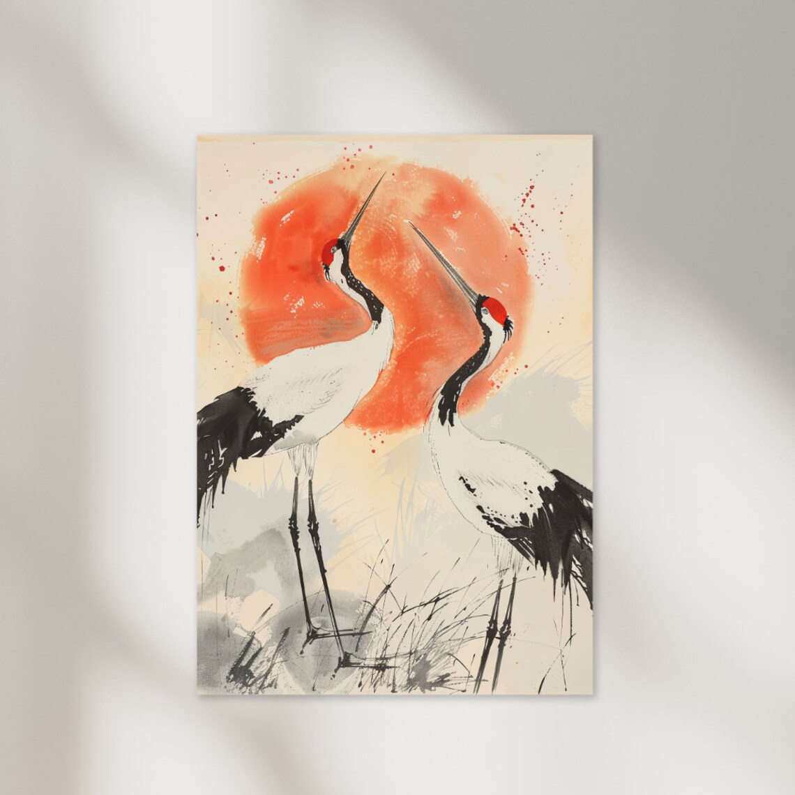 Red Crowned Cranes Red Sun Japanese Ink Watercolor Art Print