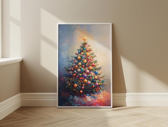 Vintage Christmas Tree Print Oil Painting Christmas Decor Wall Art Moody Natural Antique Holiday Winter Evergreen Tree Painting
