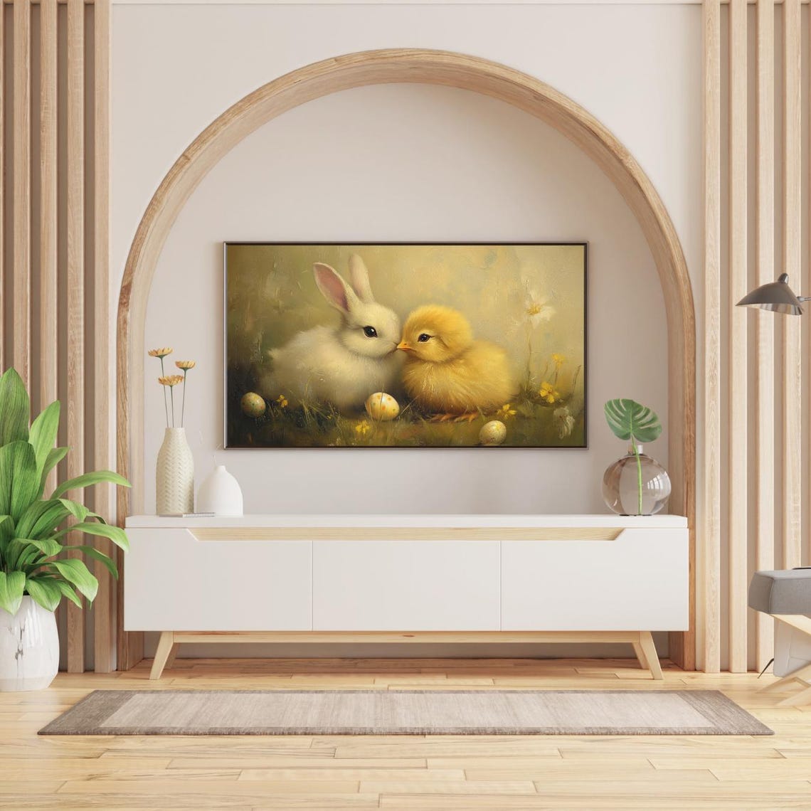 Bunny Chick Easter Eggs Spring Friends Vintage Rustic Painting Poster - Image 2