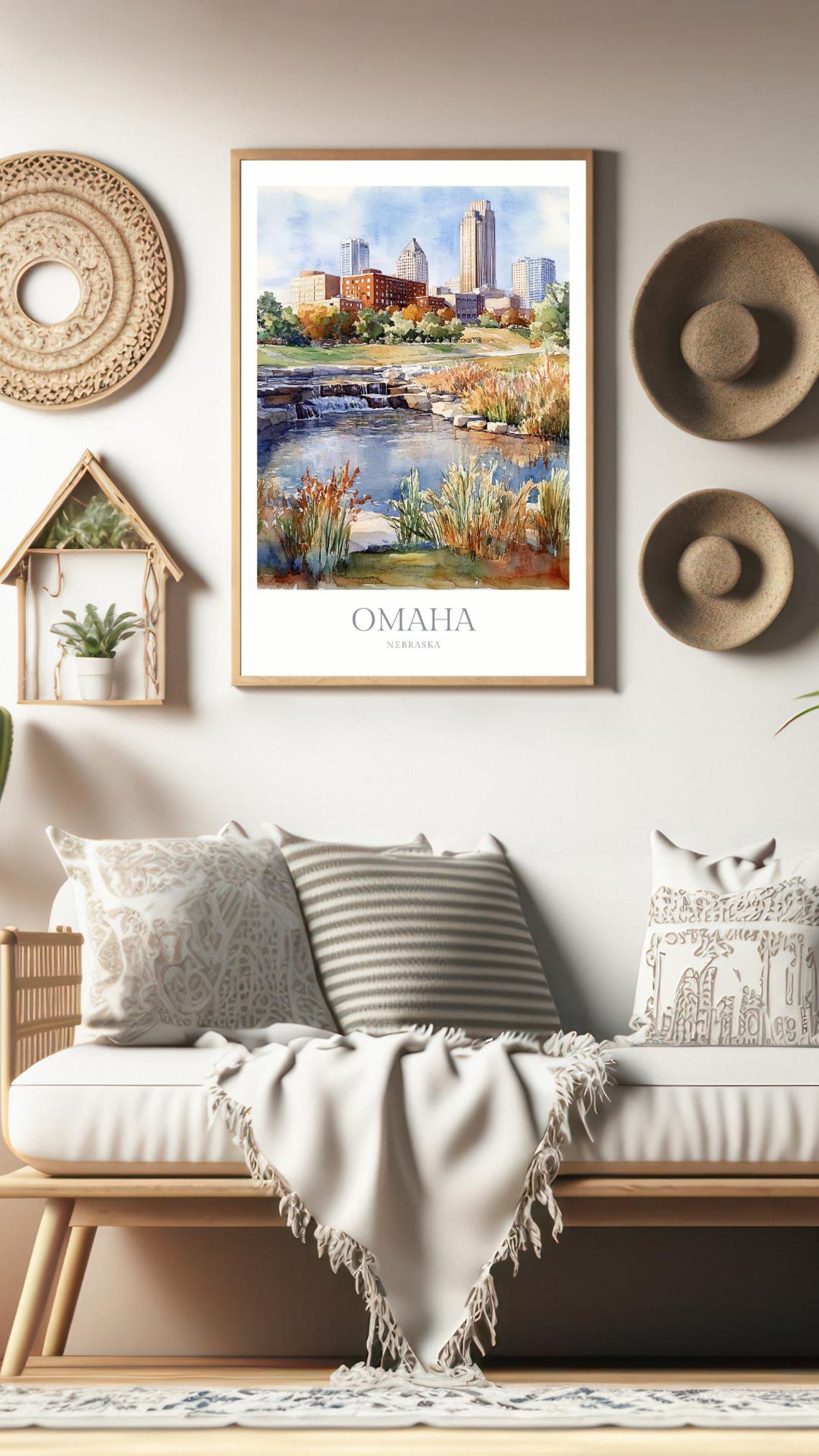 Omaha Nebraska Watercolor Skyline Waterfall Park Scene Poster - Image 2