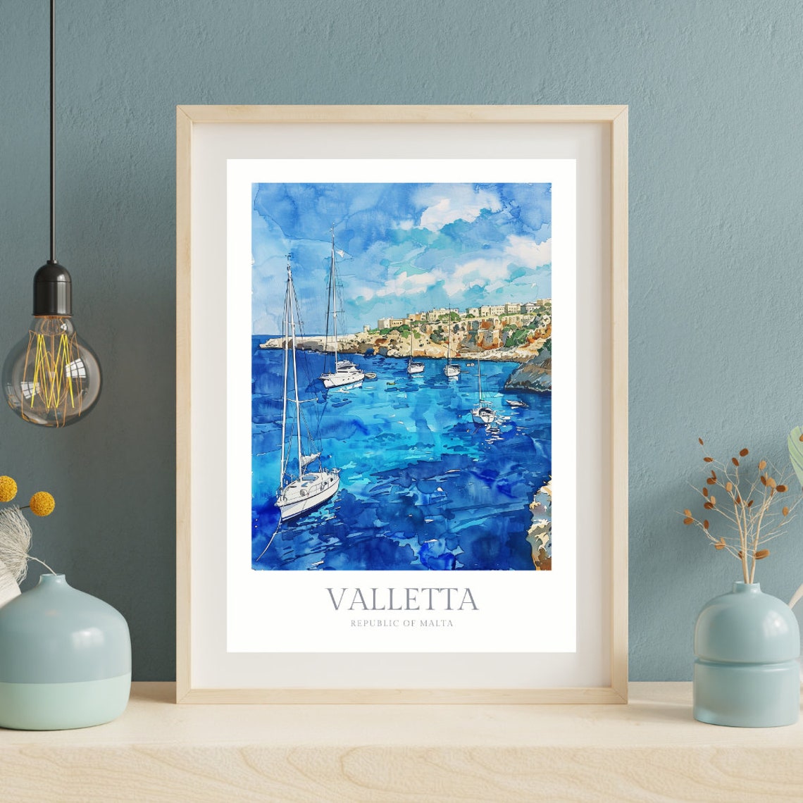 Valletta Malta Sailboats Blue Harbor Coast Watercolor Travel Poster - Image 2