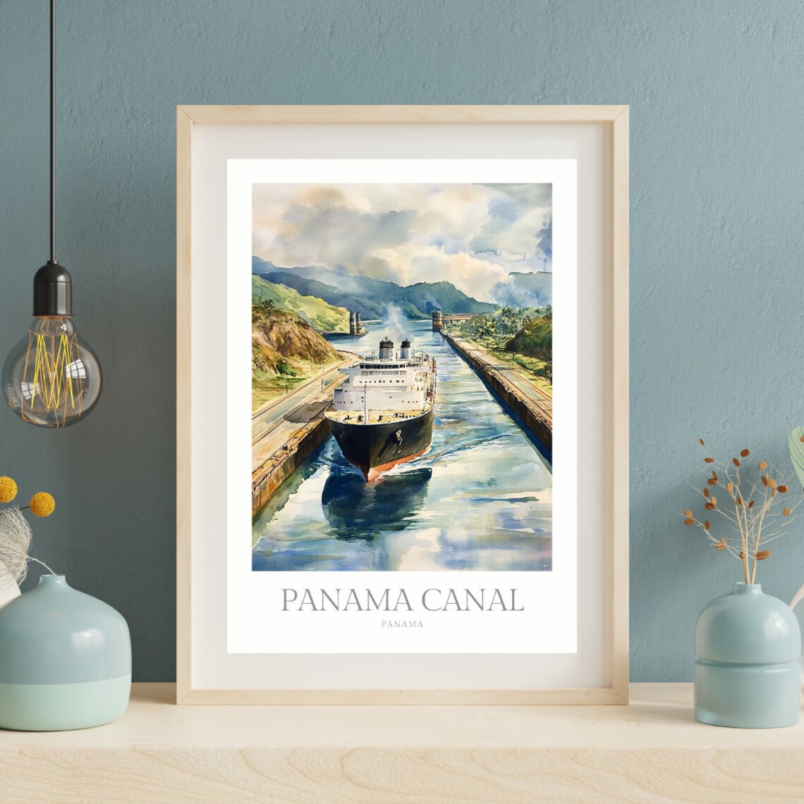 Panama Canal Large Ship Passing Through Locks Watercolor Poster - Image 2