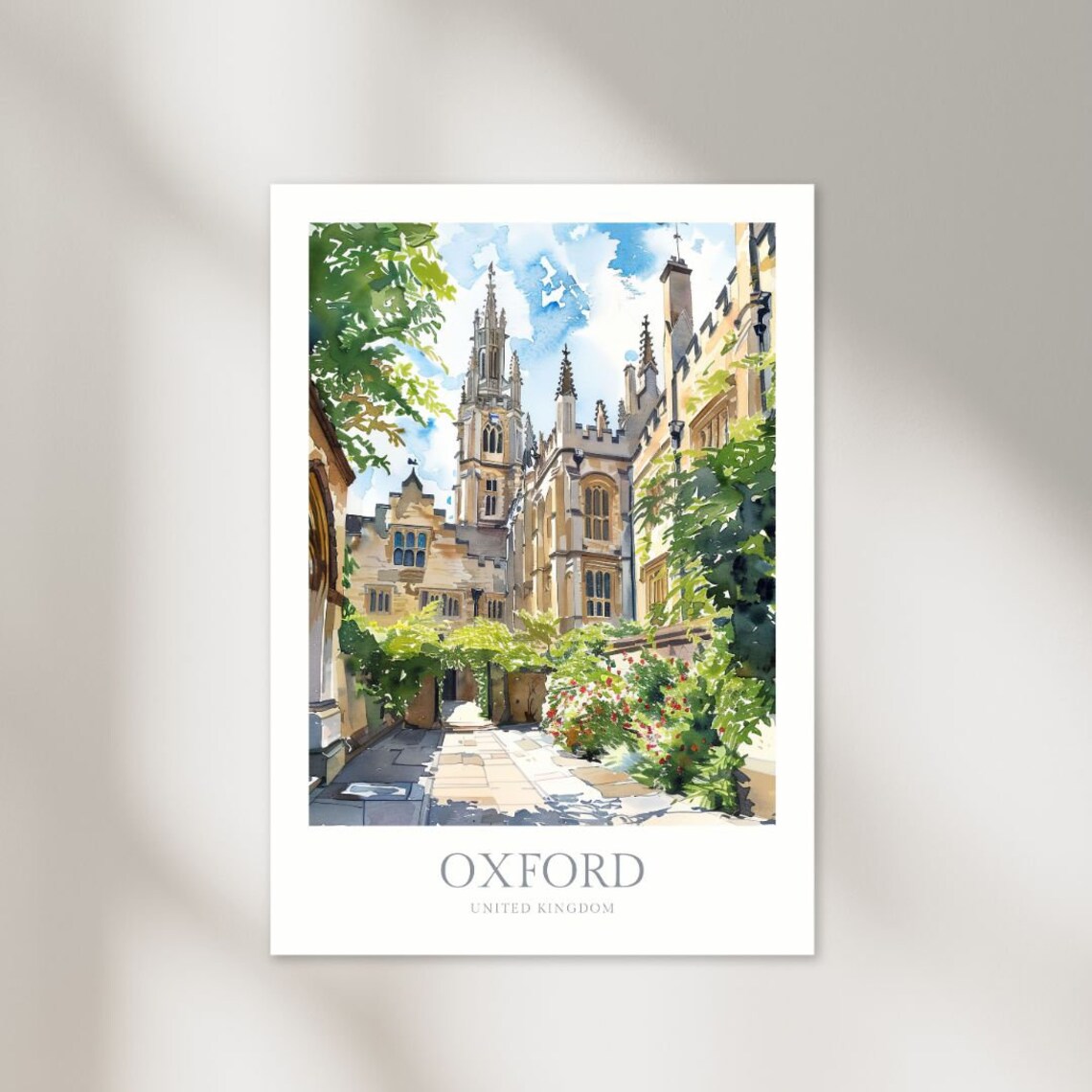 Oxford United Kingdom Gothic College Courtyard Watercolor Poster
