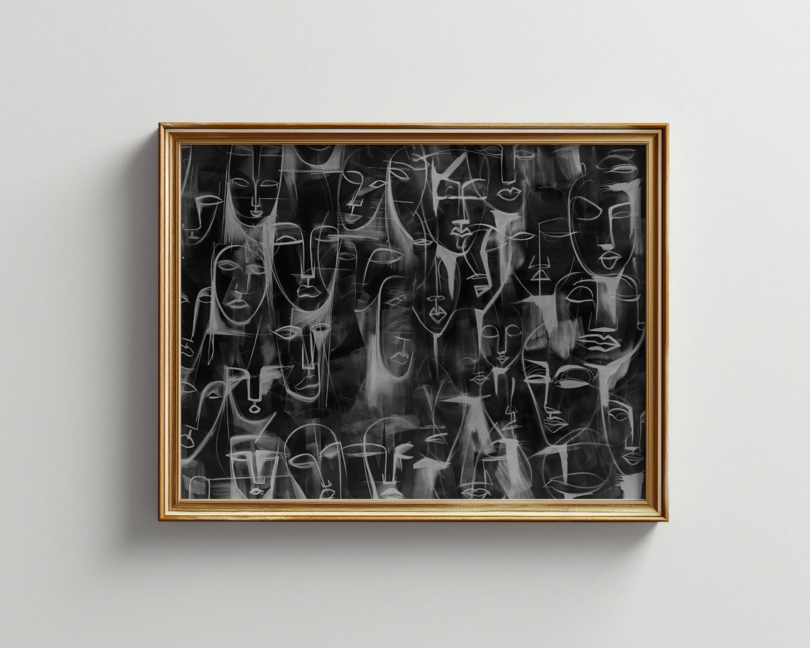 Monochrome Abstract Line Faces Modern Gallery Wall Art Piece