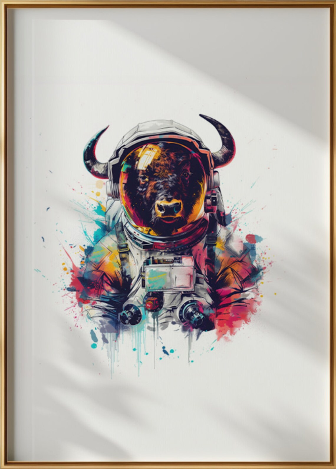 Buffalo Astronaut Watercolor Horned Helmet Animal Art Poster - Image 2
