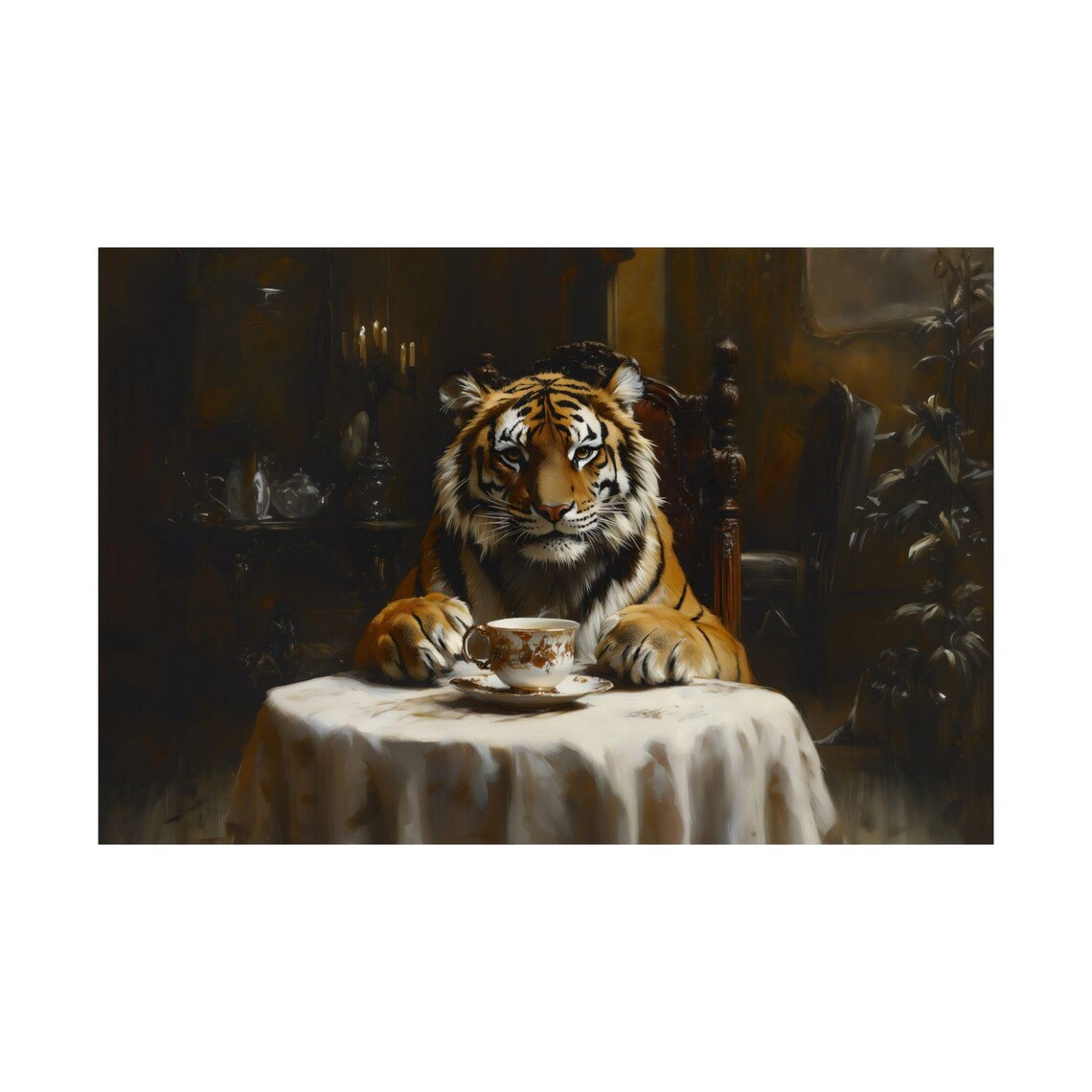 Tiger Drinking Tea Dark Victorian Table Oil Painting Animal Art Poster - Image 3