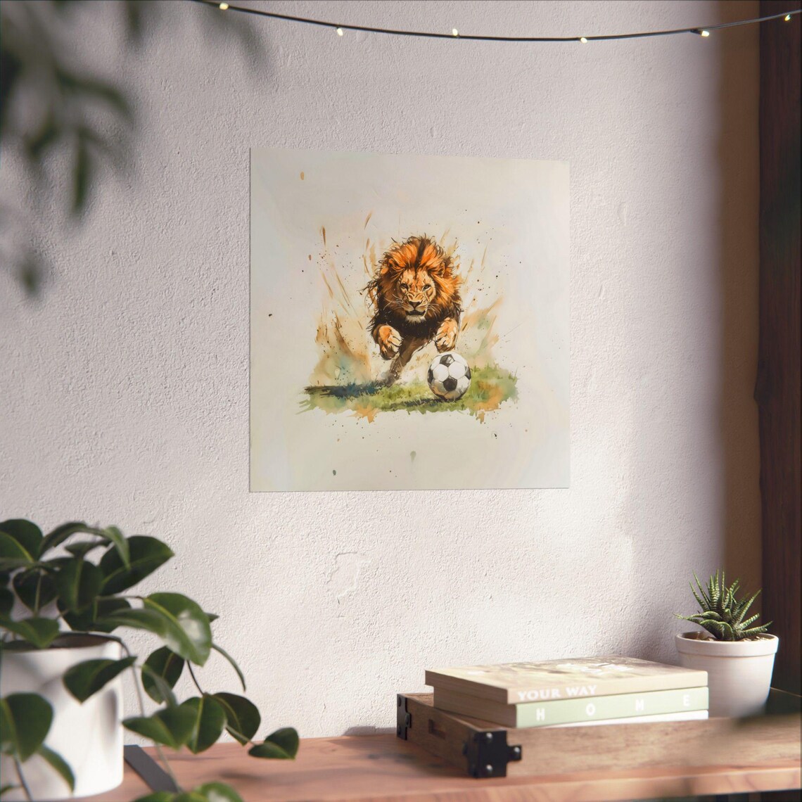 Lion Playing Soccer Watercolor Mane Action Wildlife Sports Decor Poster