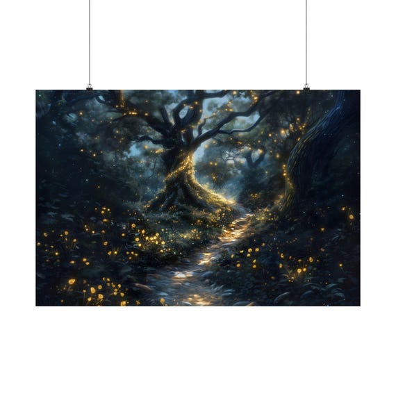 The Firefly Tree Poster Print Magical Landscape Modern Painting Fantasy Nature Rustic Wall Print Airbnb Art Wall Decor
