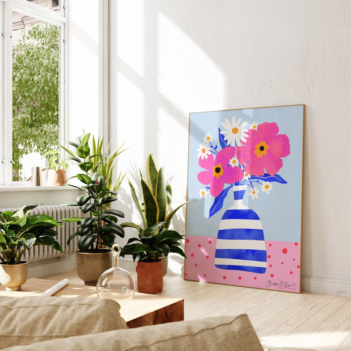 Maximalist Pink Flowers in a Striped Vase Art Print - Image 8