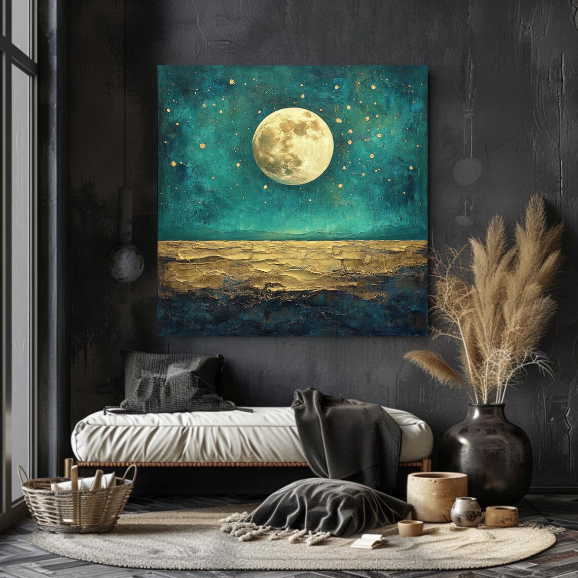 Golden Full Moon Rising Over Teal Sea Abstract Ocean Night Art Poster - Image 3