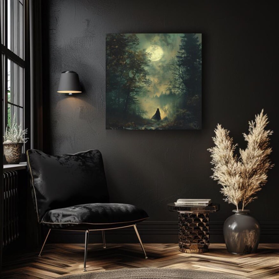Hooded Witch Walking in Foggy Moonlit Forest Mystical Night Art Poster - Image 2
