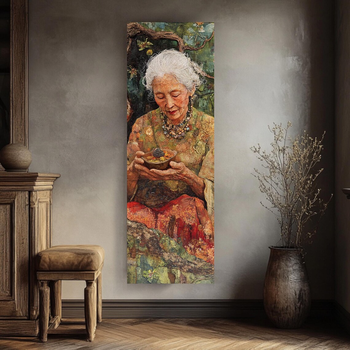 Elderly Woman Holding Bowl of Berries Tall Narrow Boho Art Print - Image 4
