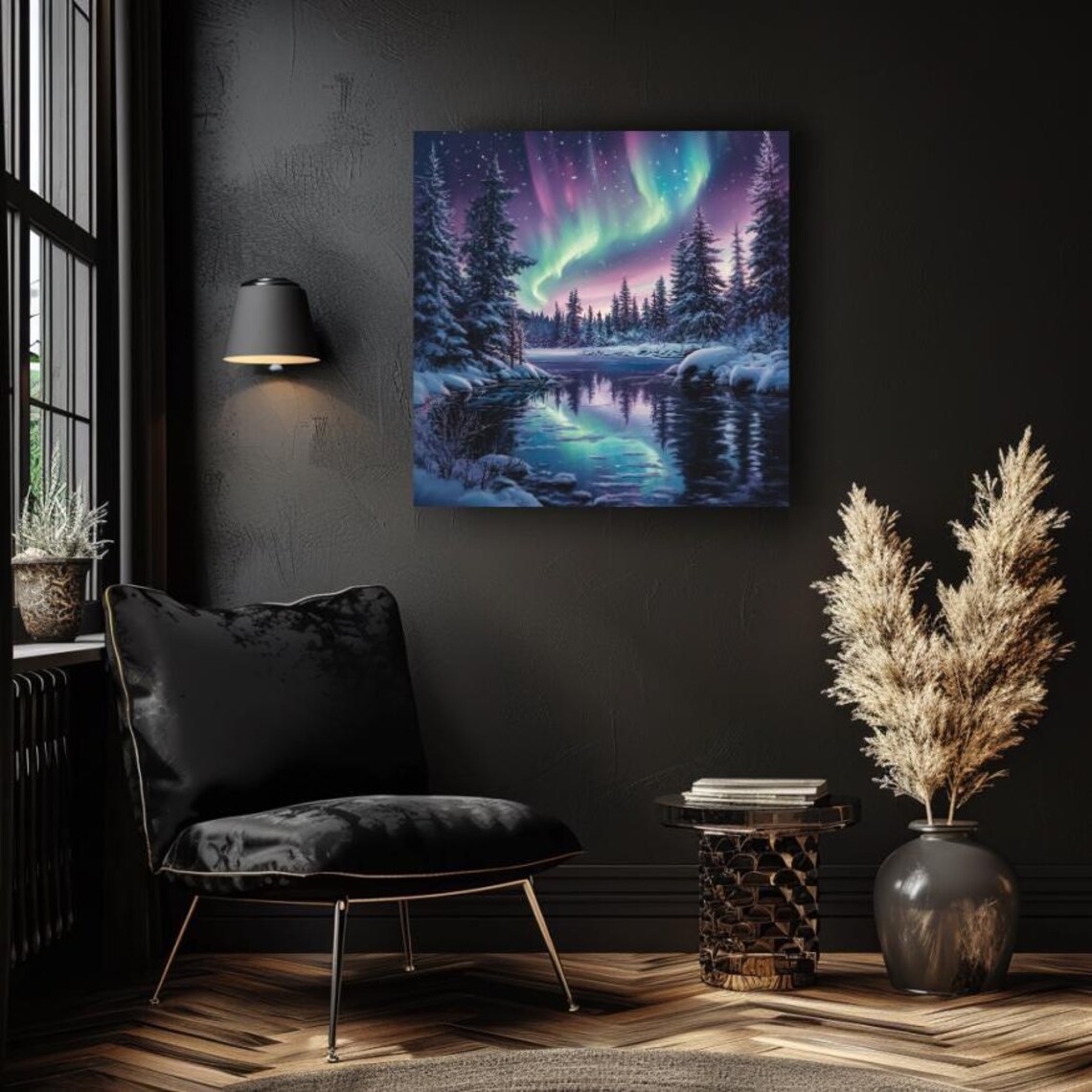 Aurora Borealis Over Snowy Pine Lake Colorful Night Sky Art Poster - Image 4