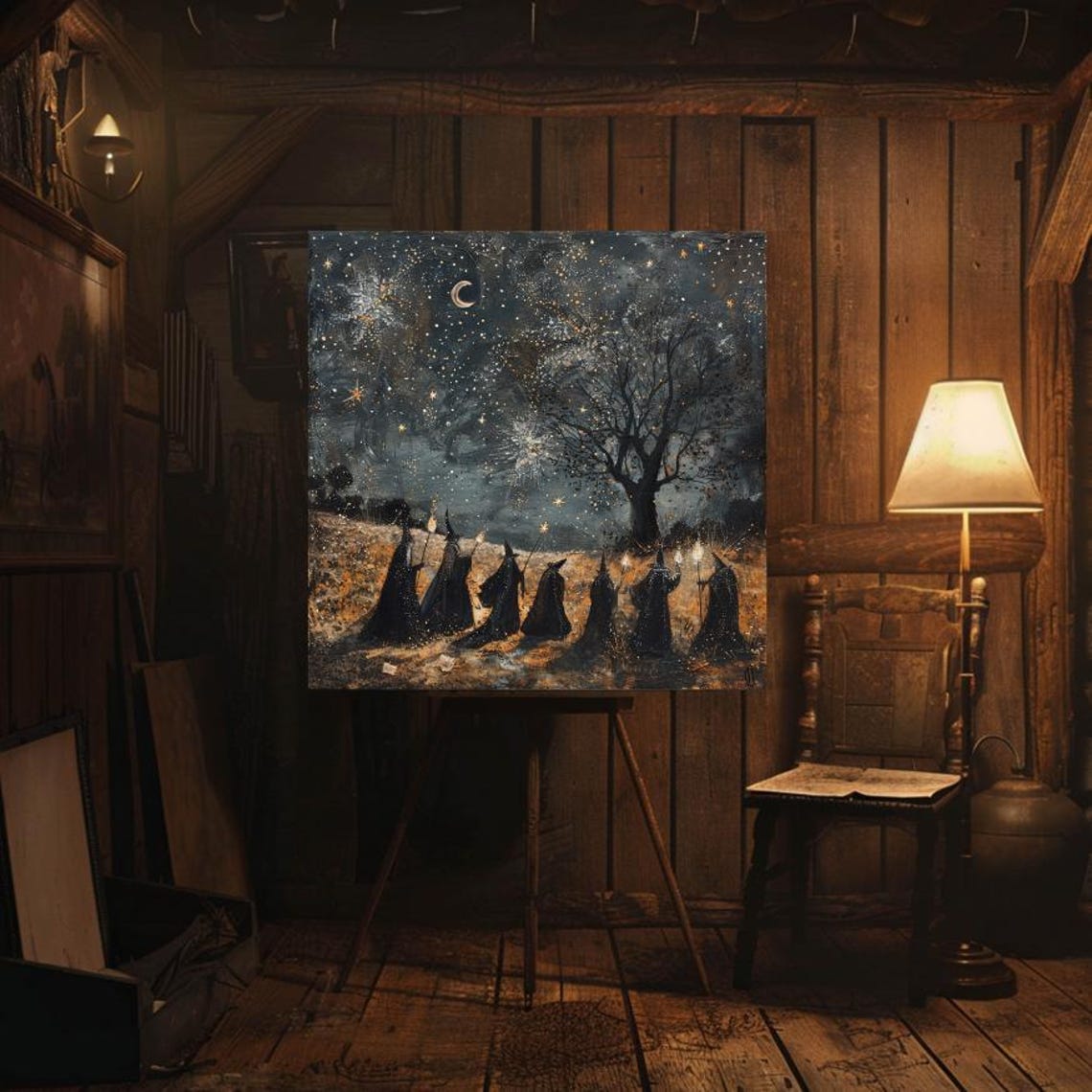 Moonlit Witches Gathering Under Starry Sky with Torches Art Poster - Image 4