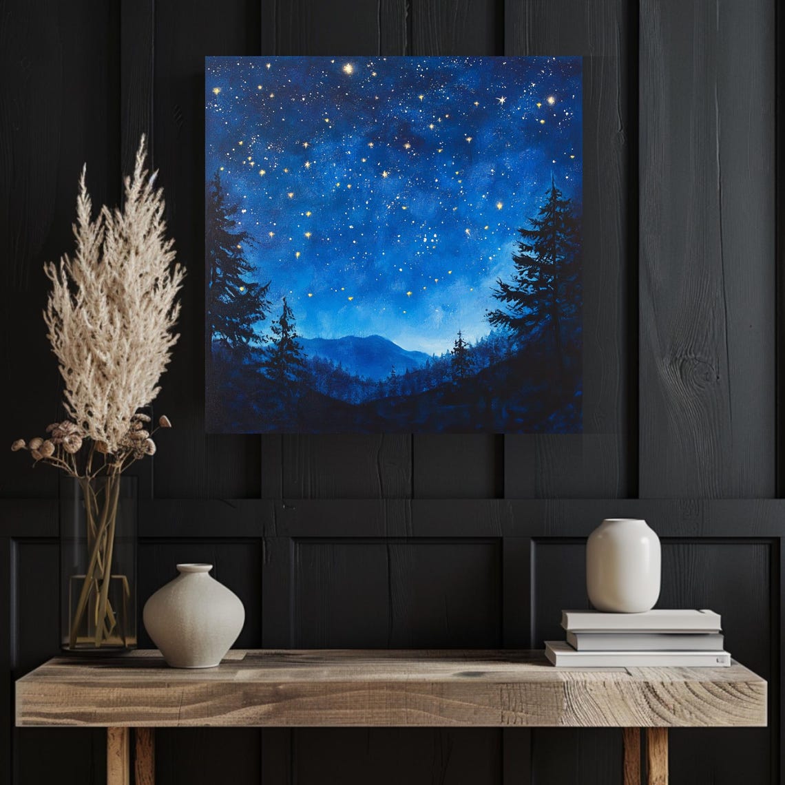 Starry Night Sky Over Dark Pine Forest Blue Watercolor Art Poster - Image 4