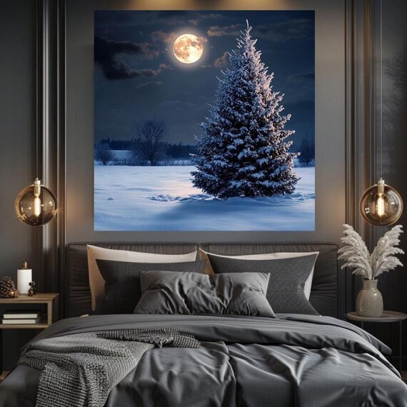 Snowy Winter Tree Wall Art Living Room Ready To Hang Extra Large Wall Art Mystical Full Moon Winter Wall Art