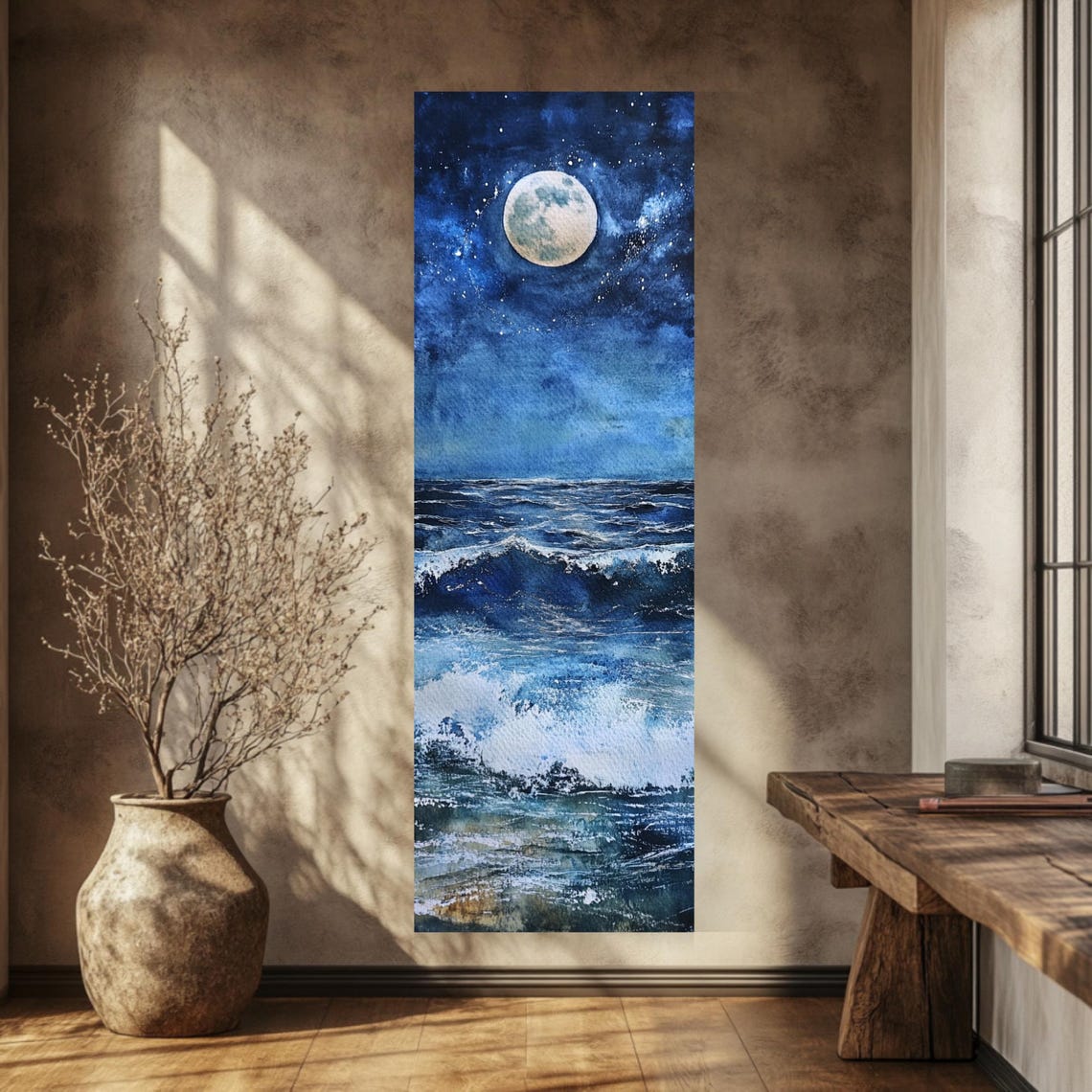 Full Moon Over Ocean Waves Tall Vertical Night Sea Art Poster - Image 3