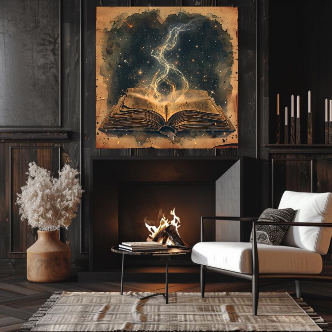 Magic Spell Book with Golden Lightning Rising from Open Pages Art Poster - Image 2