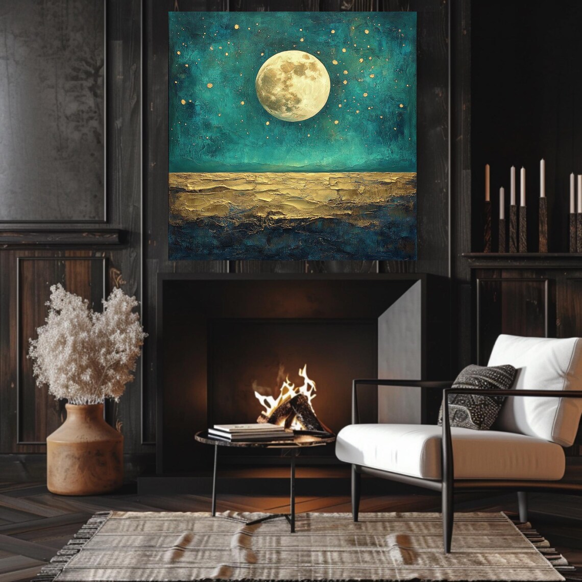 Golden Full Moon Rising Over Teal Sea Abstract Ocean Night Art Poster - Image 4
