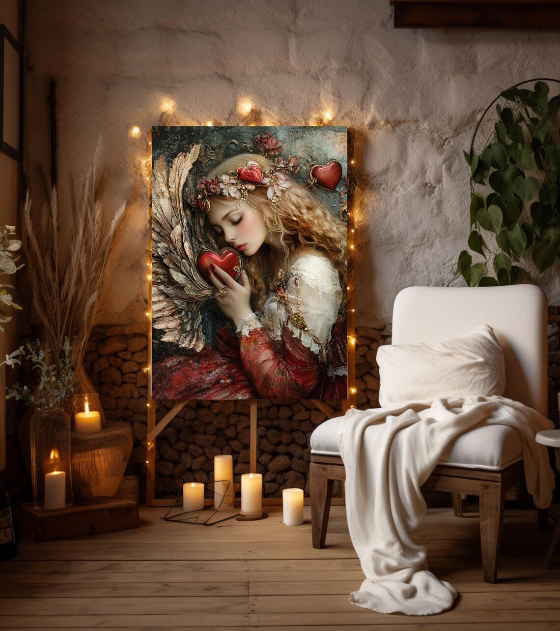 Victorian Angel Woman Holding Red Heart Valentine Goddess Art Poster