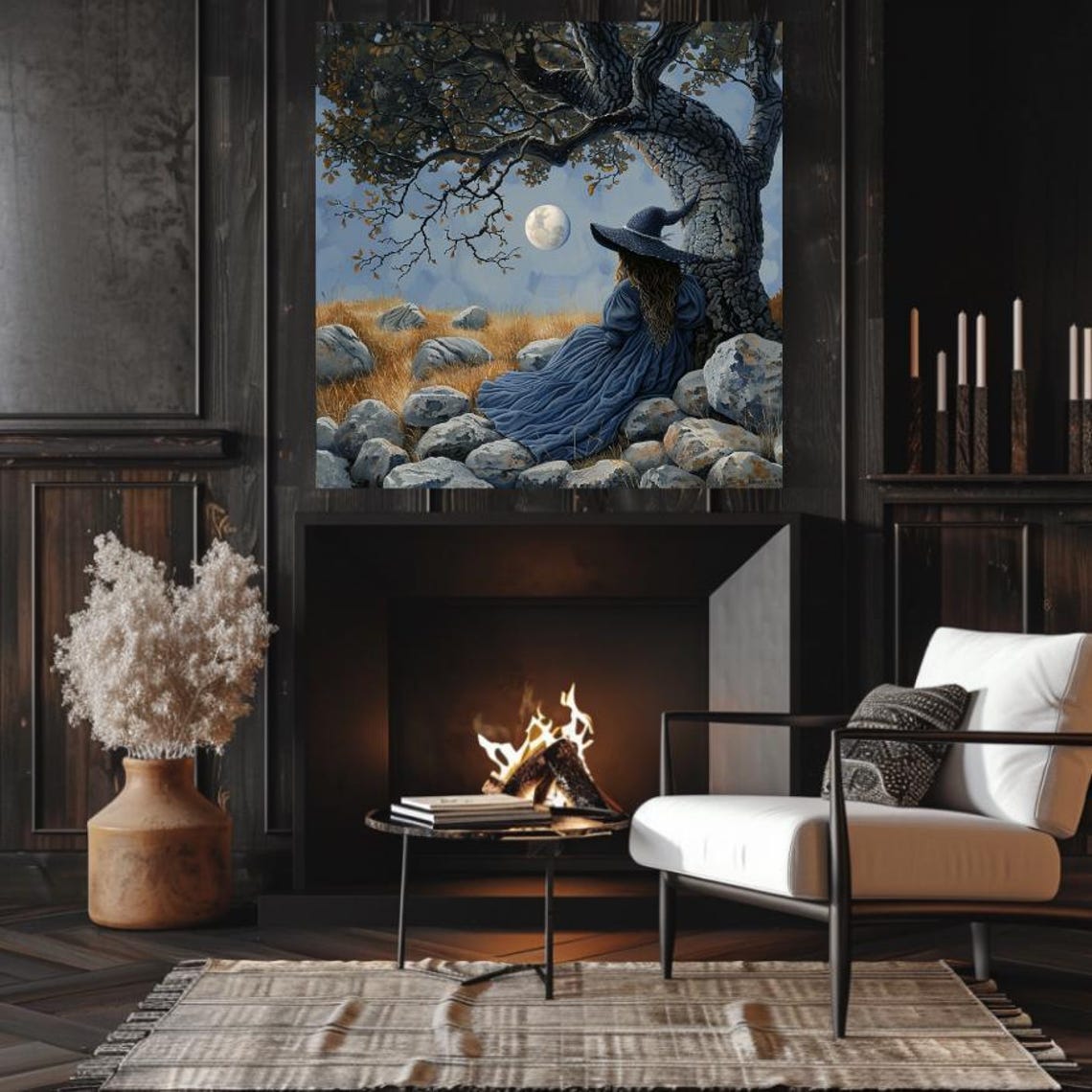 Blue Witch Resting Under Ancient Tree In Moonlit Field Poster - Image 3