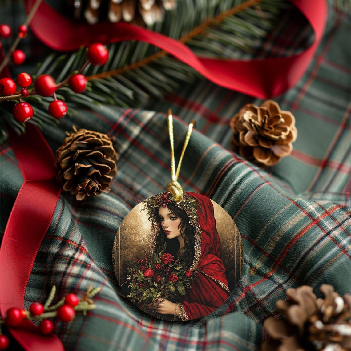 Goddess in Red Hood Round Ornament Double Sided Art Print Tree Decor - Image 3