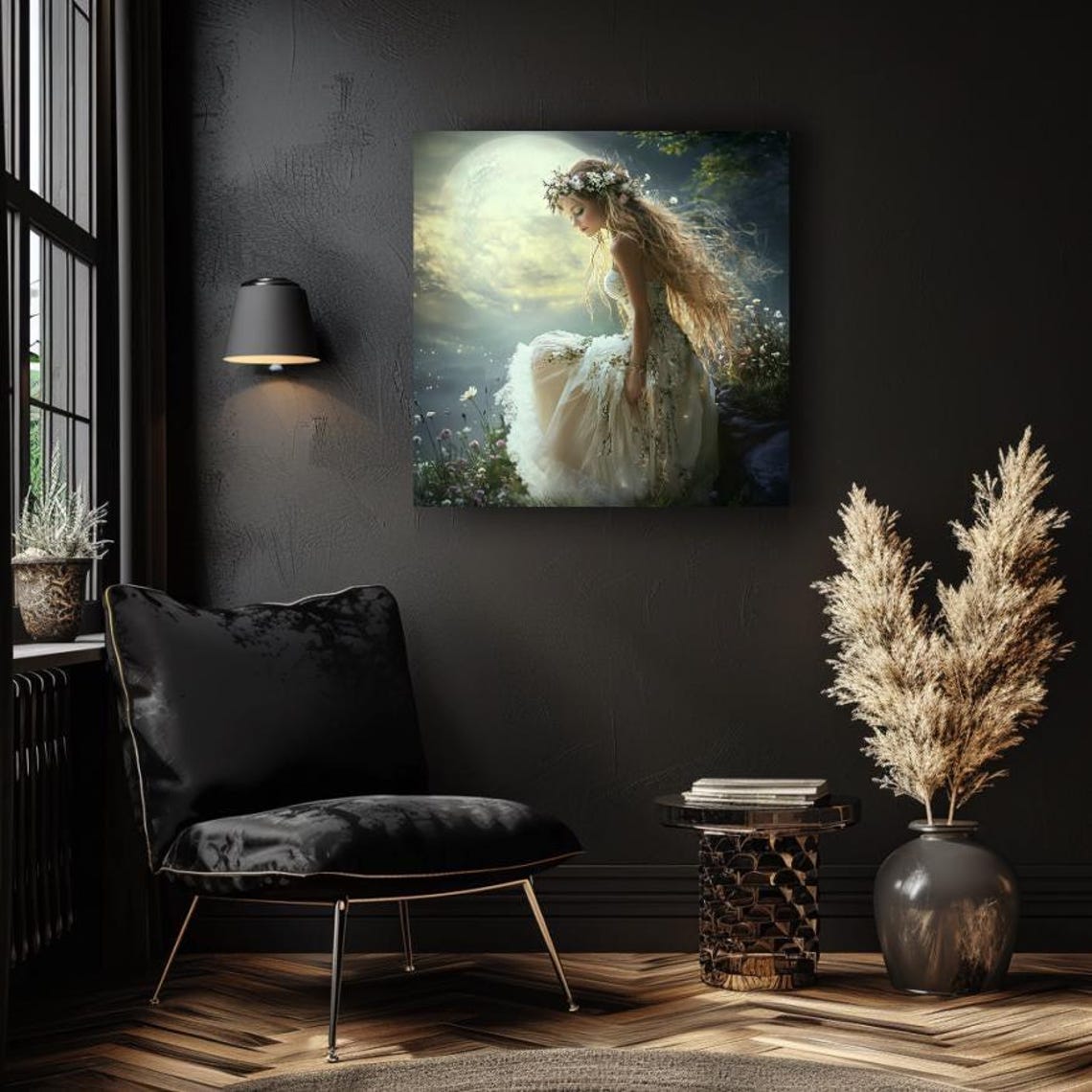 Ethereal Moonlit Goddess with Flower Crown Beneath Full Moon Poster - Image 3