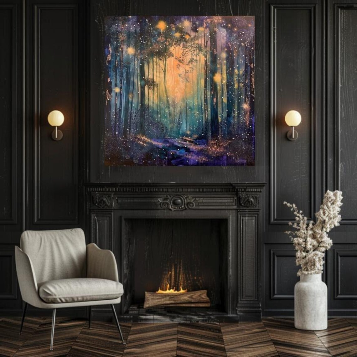 Starlit Forest Art Mystical Dark Forest Painting Square Home Wall Decor Ready To Hang Art Enchanted Forest Wall Decor