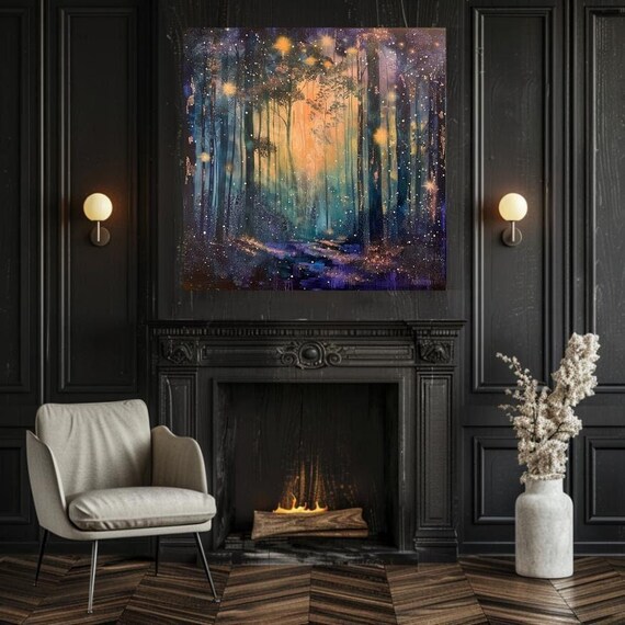 Starlit Forest Art Mystical Dark Forest Painting Square Home Wall Decor Ready To Hang Art Enchanted Forest Wall Decor