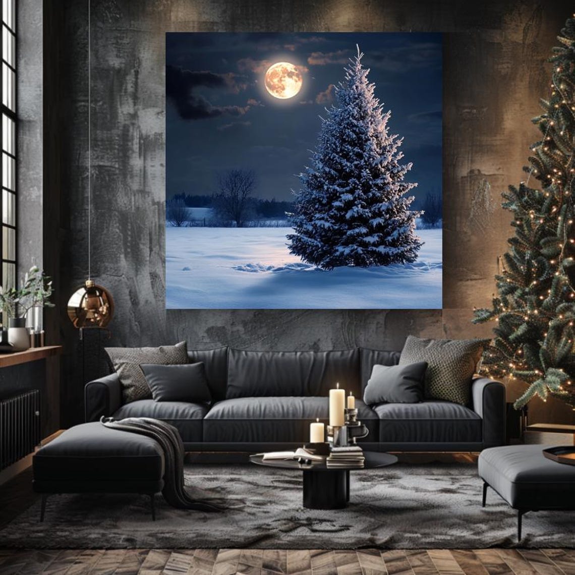 Snow Covered Pine Under Full Moon Quiet Still Winter Night Poster - Image 3