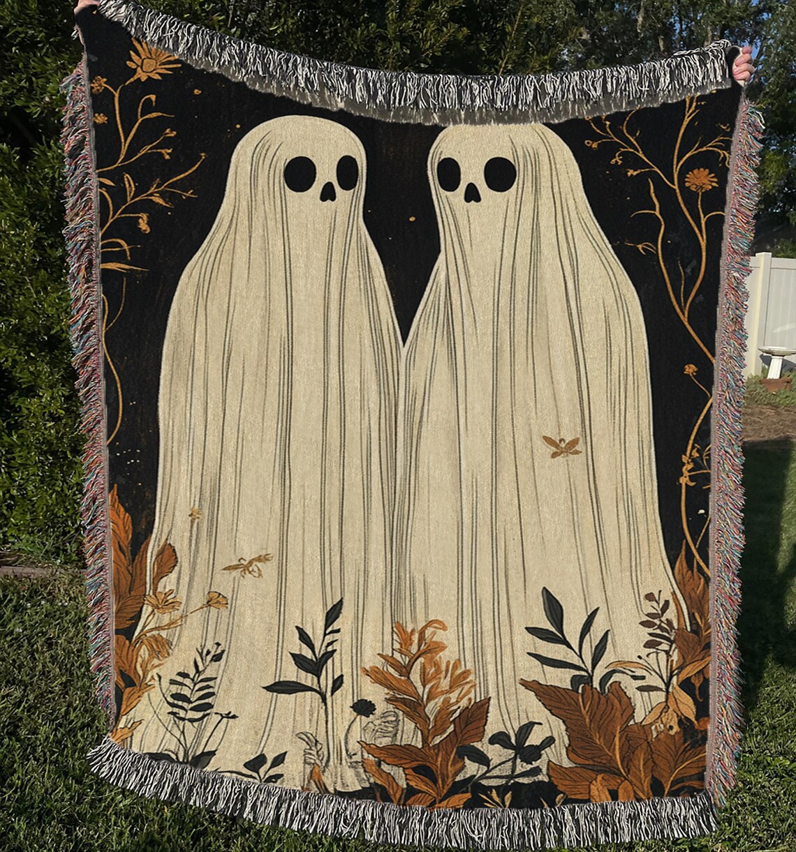 Cute Ghost Couple in Autumn Foliage Woven Tapestry Blanket Art Print - Image 4