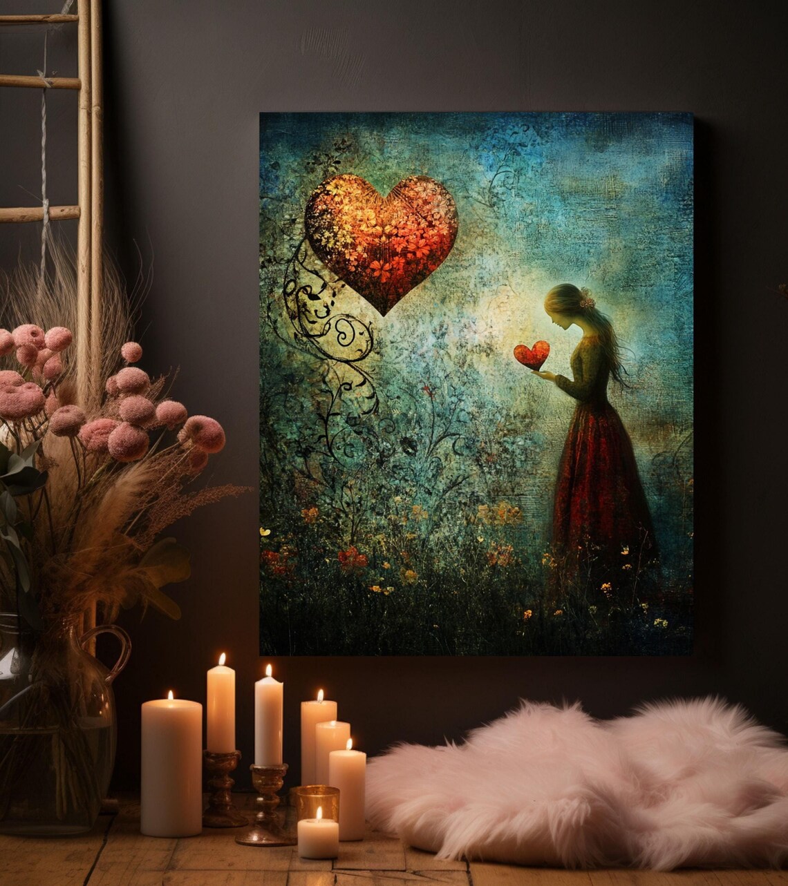 Whimsical Woman Holding Heart with Giant Floral Heart Love Art Poster