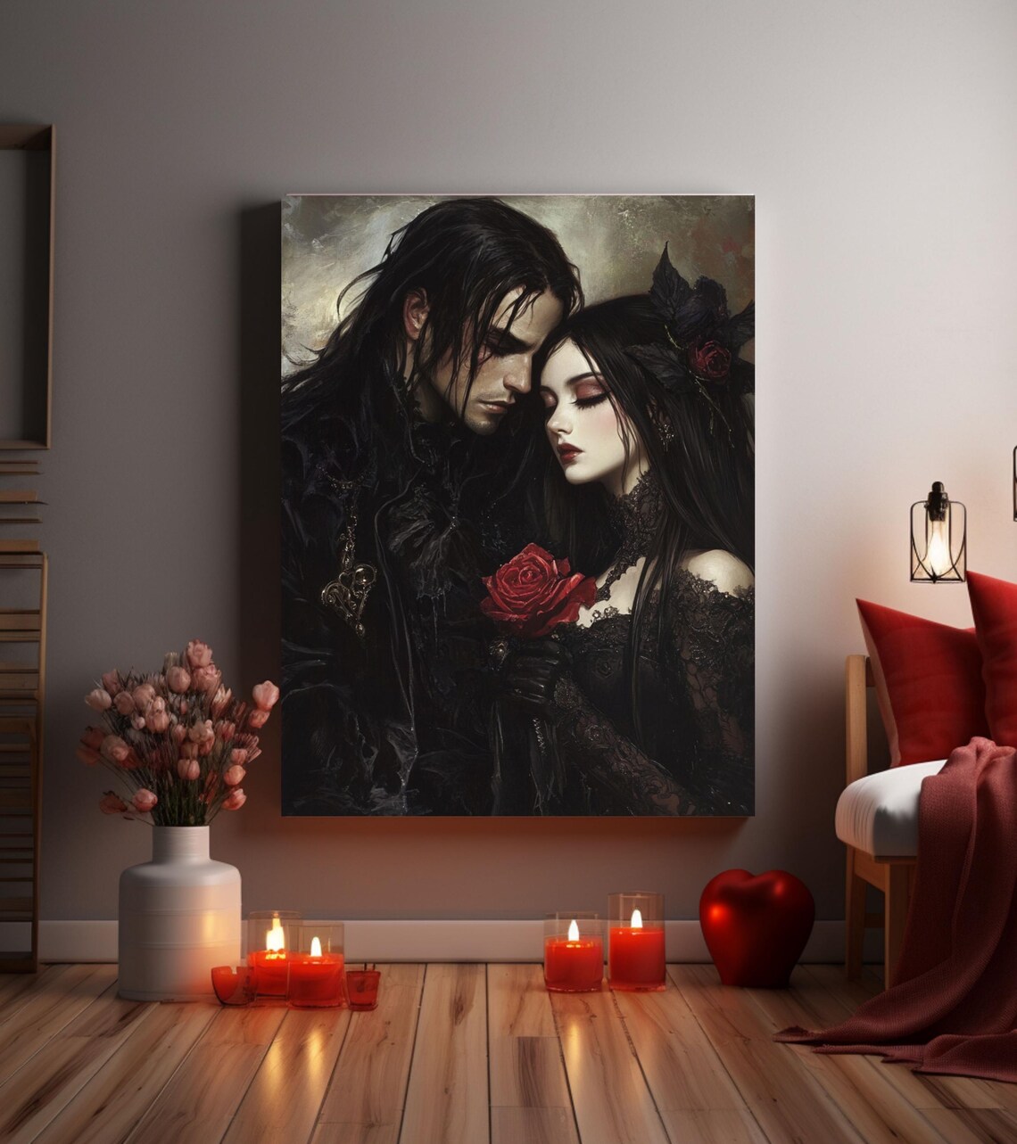 Dark Gothic Couple with Red Rose Romantic Dark Academia Art Poster - Image 4