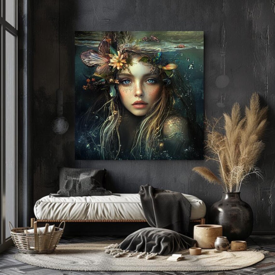 Deep Underwater Nymph With Floral Crown Dark Mystical Sea Poster