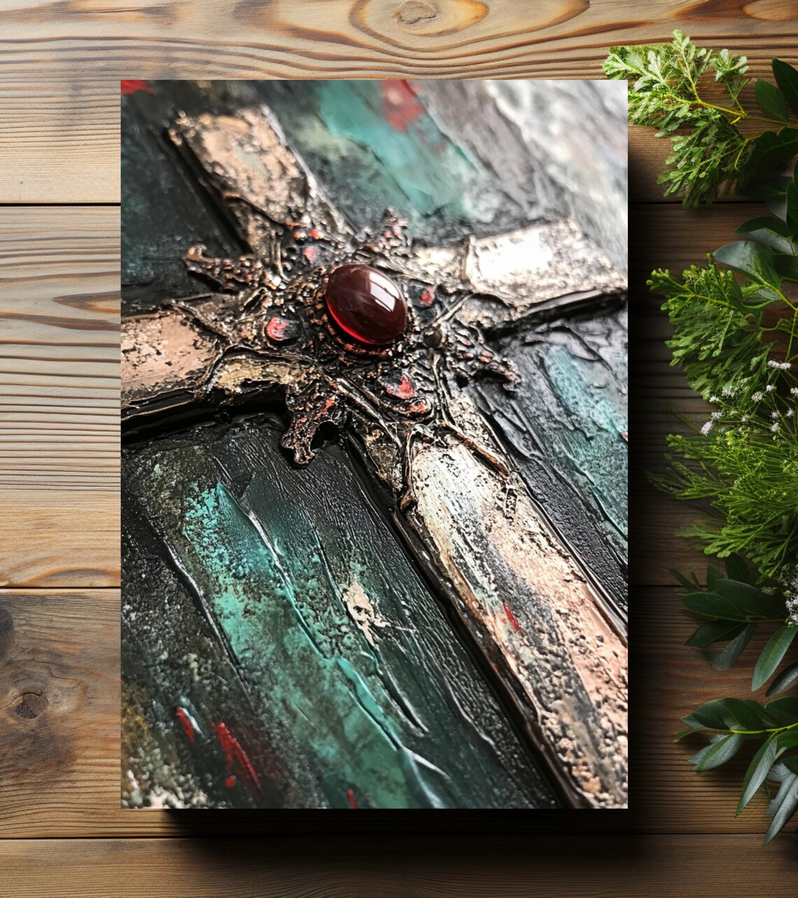 Ornate Vintage Cross with Red Gemstone Hardcover Journal Art Print - Image 3