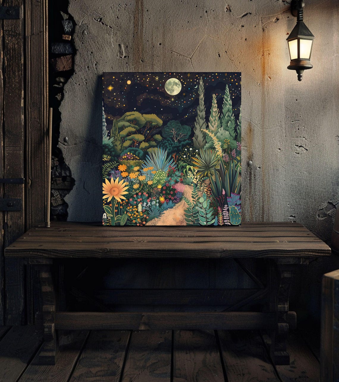 Moonlit Botanical Night Garden Under Starry Sky Floral Art Poster - Image 3