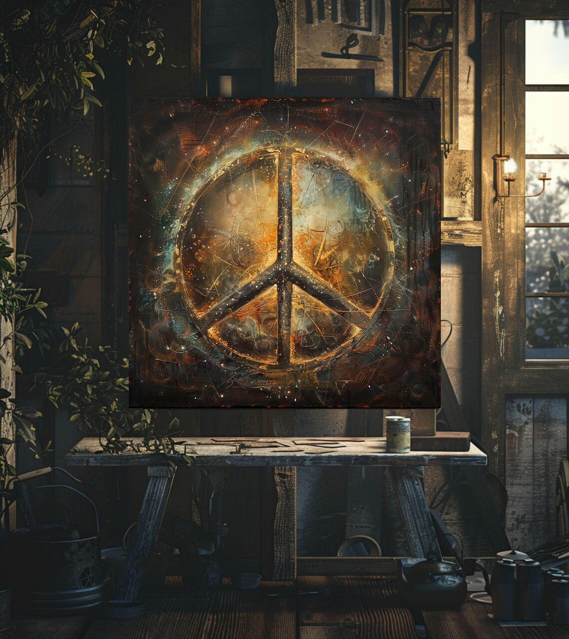 Cosmic Gold Peace Sign Grunge Starry Night Hippie Decor Poster - Image 2